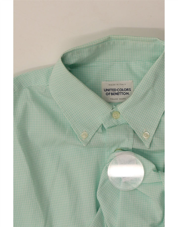 BENETTON Mens Shirt Medium Turquoise Gingham Cotton