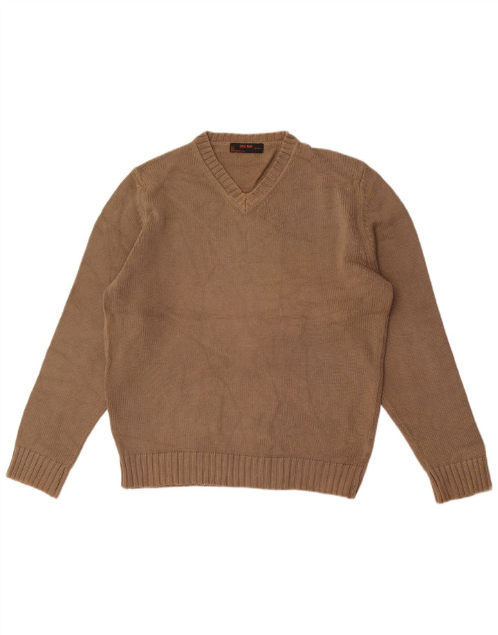 Zara Mens V-Neck Jumper Sweater Medium Brown Cotton