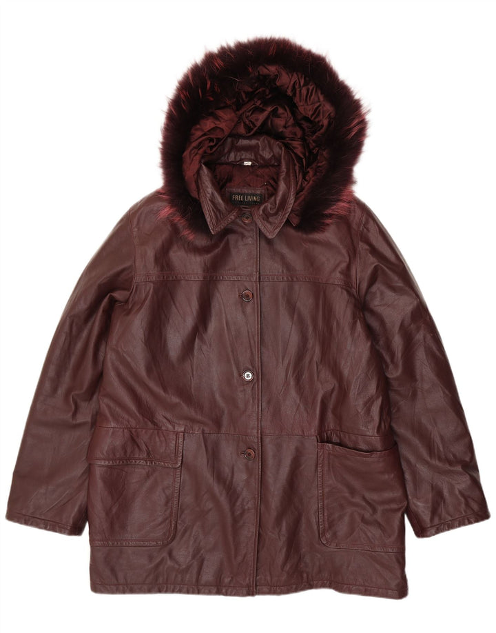 Vintage Womens Oversized Hooded Leather Coat IT 50 XL Maroon Leather