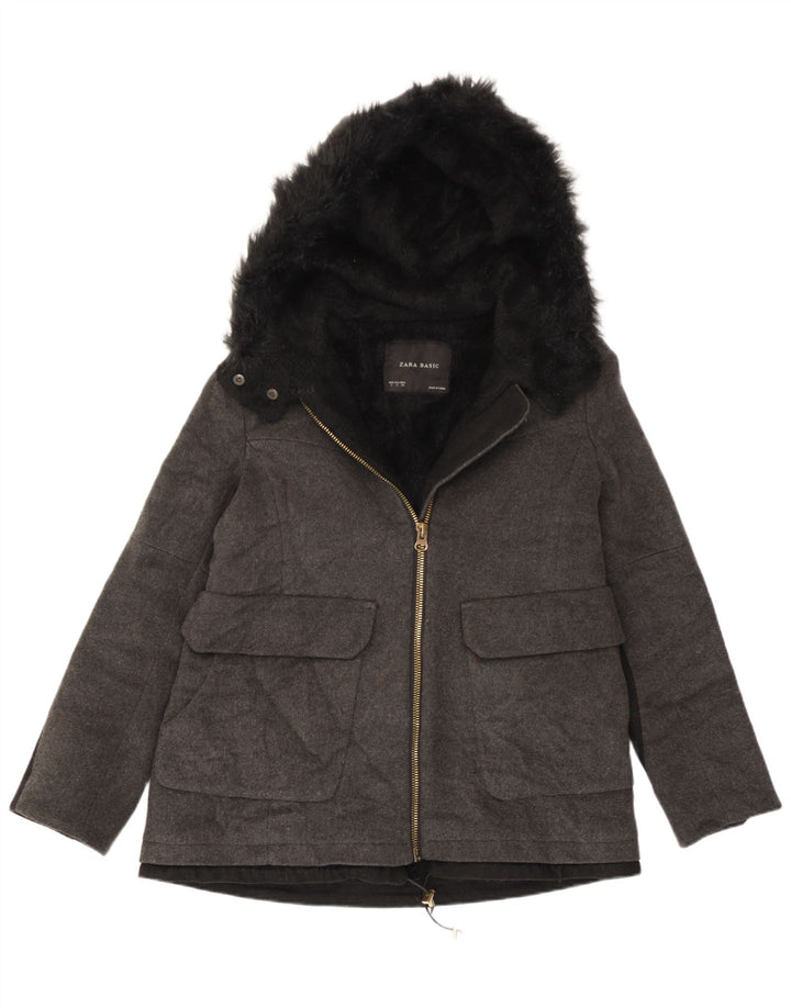 Zara Womens Hooded Oversized Sherpa Jacket UK 10 Small Grey Wool