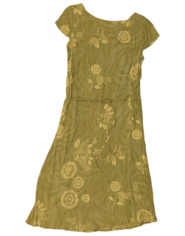 Vintage Womens A-Line Dress UK 14 Large Khaki Floral Viscose