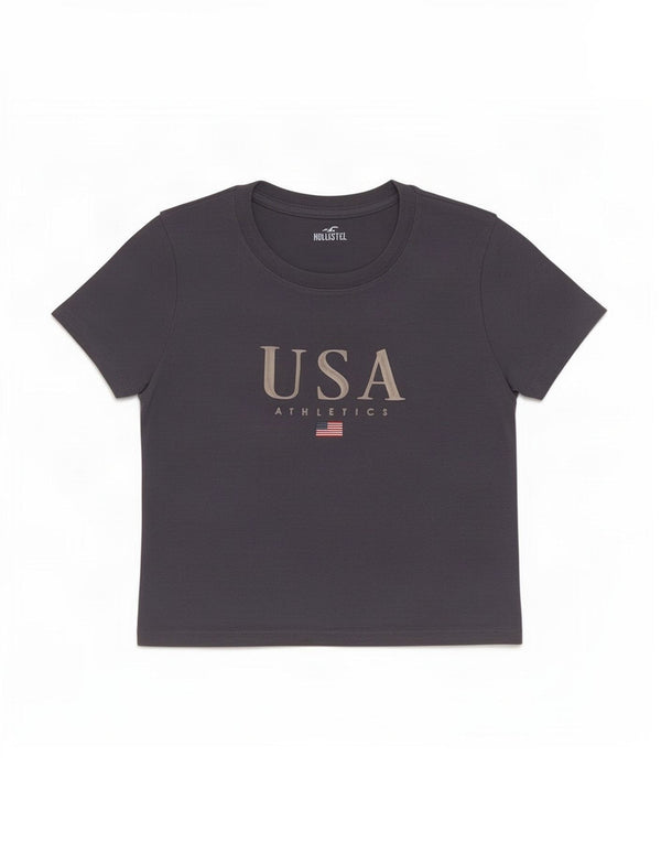 Hollister Womens Crop Graphic T-Shirt Top UK 10 Small Grey Cotton