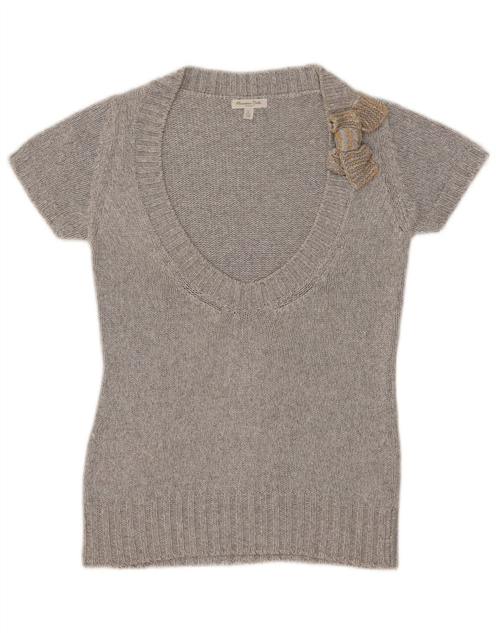 Massimo Dutti Womens Short Sleeve V-Neck Jumper Sweater UK 10 Small Grey