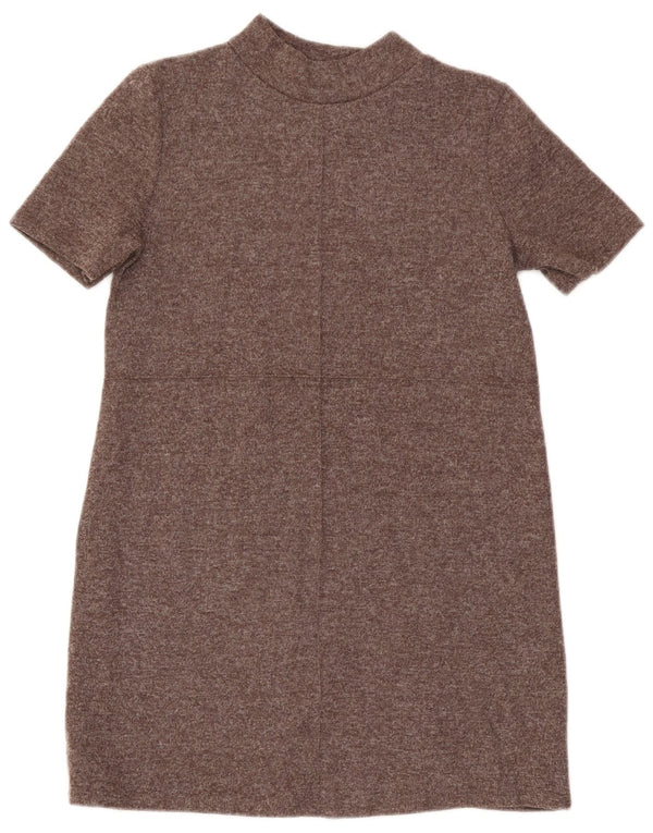 Zara Womens Short Sleeves Jumper Dress UK 14 Large Brown Flecked Polyester