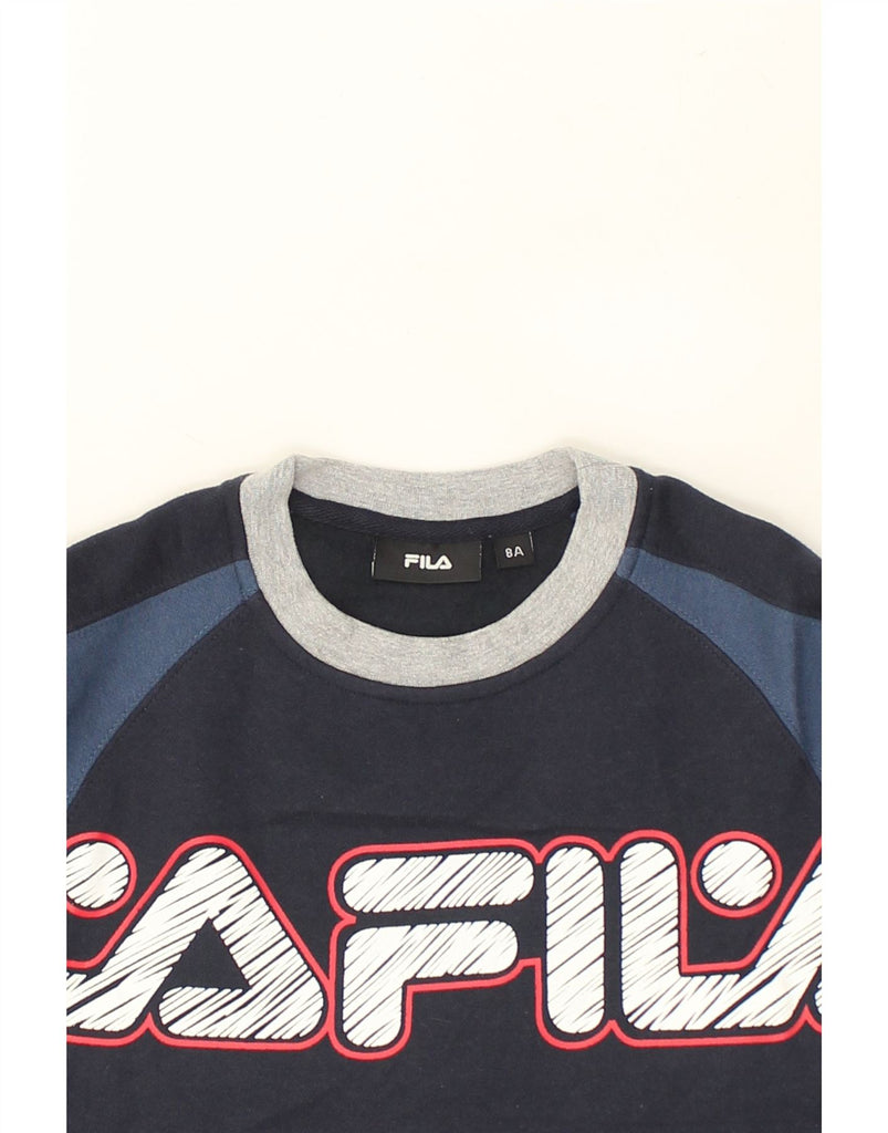 FILA Boys Graphic Sweatshirt Jumper 7-8 Years Navy Blue Colourblock Cotton | Vintage Fila | Thrift | Second-Hand Fila | Used Clothing | Messina Hembry 