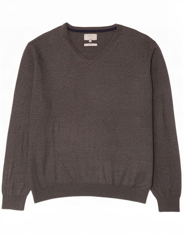 Marks & Spencer Mens Regular Fit V-Neck Jumper Sweater XL Grey Cotton