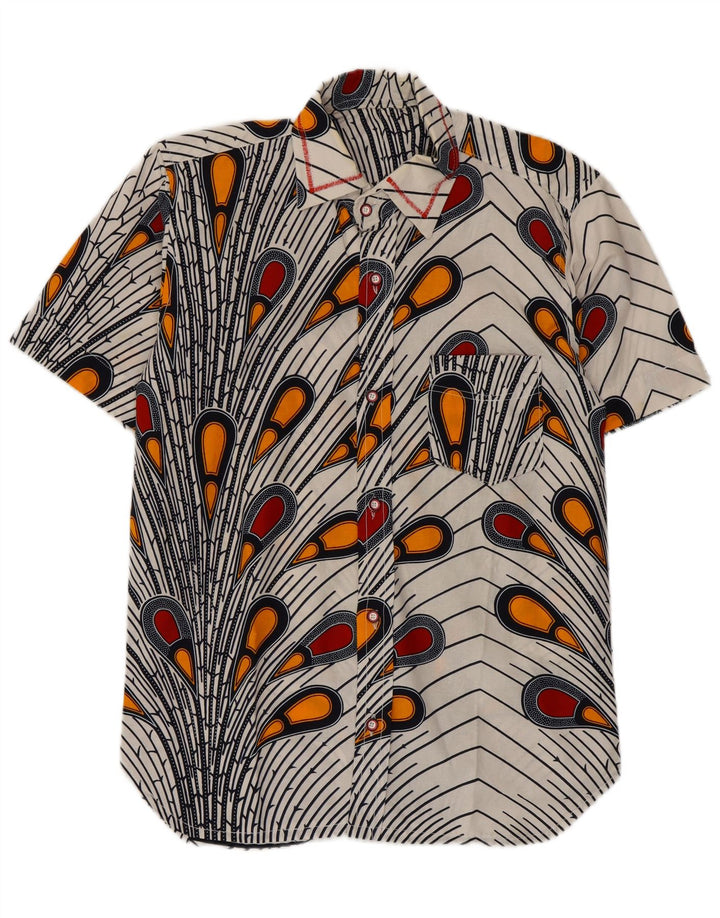 Vintage Mens Abstract Pattern Short Sleeve Shirt Medium White