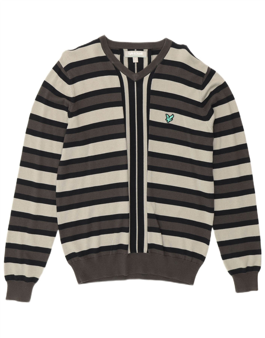 LYLE & SCOTT Mens V-Neck Jumper Sweater Medium Grey Striped Cotton