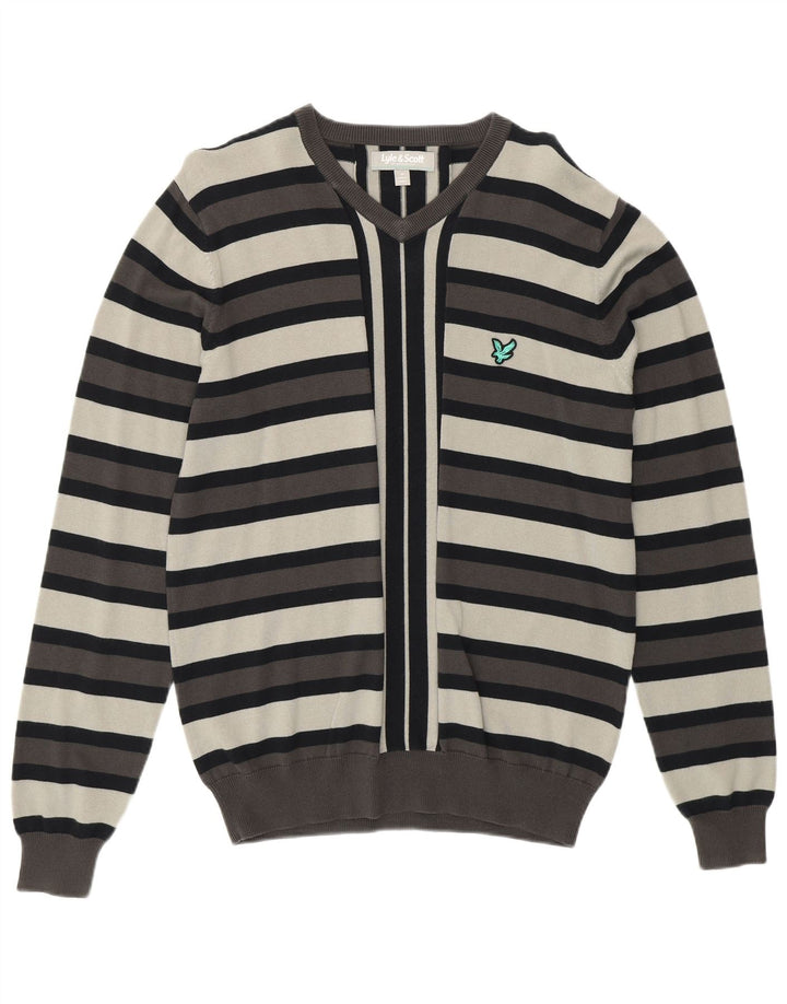 LYLE & SCOTT Mens V-Neck Jumper Sweater Medium Grey Striped Cotton