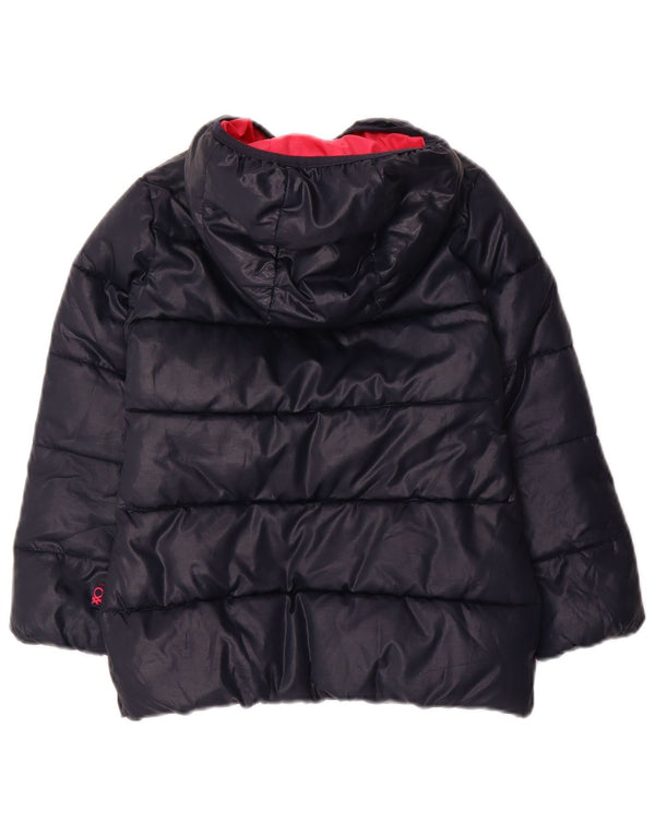 BENETTON Girls Hooded Padded Jacket 4-5 Years XS Navy Blue Polyester