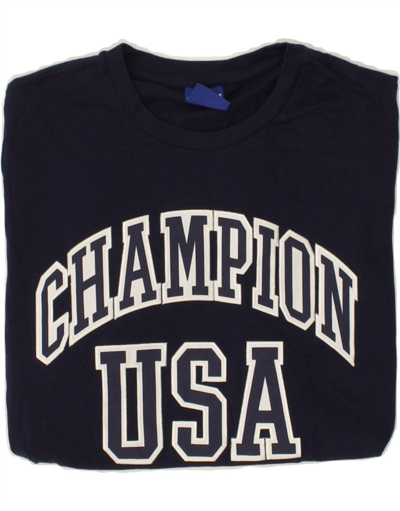 CHAMPION Mens Graphic T-Shirt Top Medium Navy Blue Cotton | Vintage Champion | Thrift | Second-Hand Champion | Used Clothing | Messina Hembry 