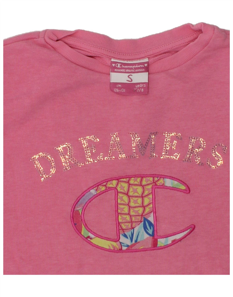 CHAMPION Girls Graphic Sweatshirt Jumper 7-8 Years Small Pink Cotton | Vintage Champion | Thrift | Second-Hand Champion | Used Clothing | Messina Hembry 