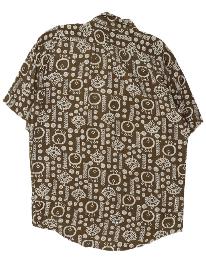 Vintage Mens Abstract Pattern Short Sleeve Shirt XL Khaki
