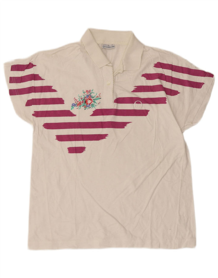 Sergio Tacchini Womens Polo Shirt IT 44 Medium White Striped Cotton