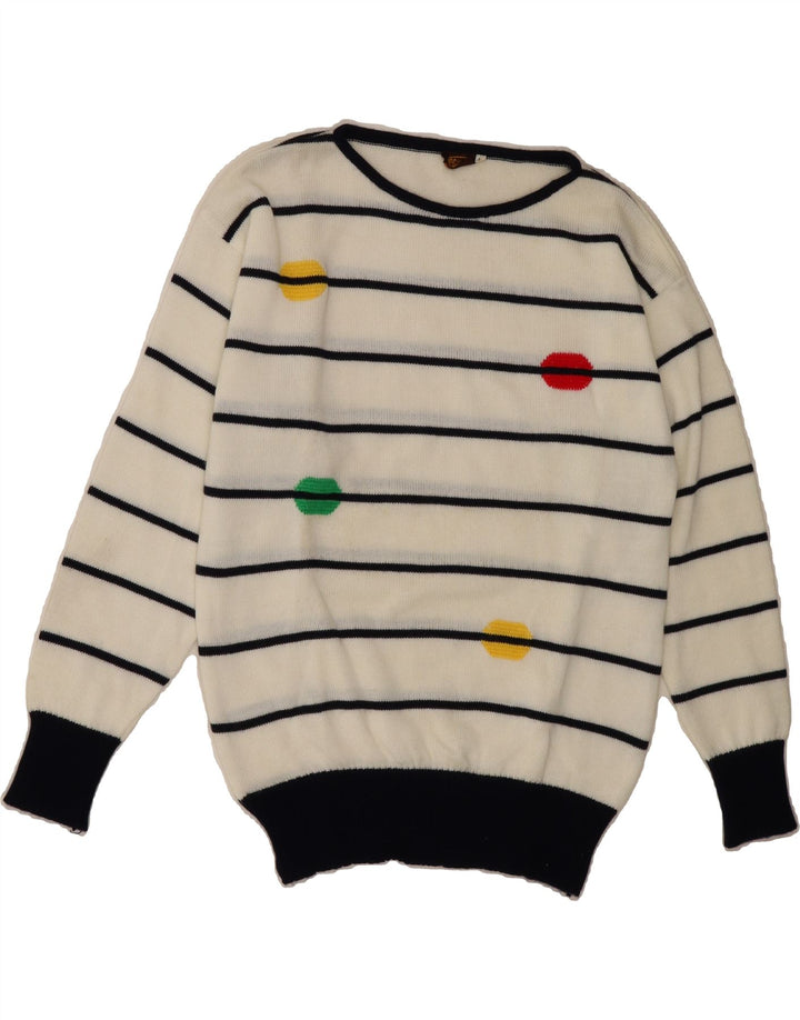 VINTAGE Womens Boat Neck Jumper Sweater IT 40 Small White Striped Vintage Vintage and Second-Hand Vintage from Messina Hembry 