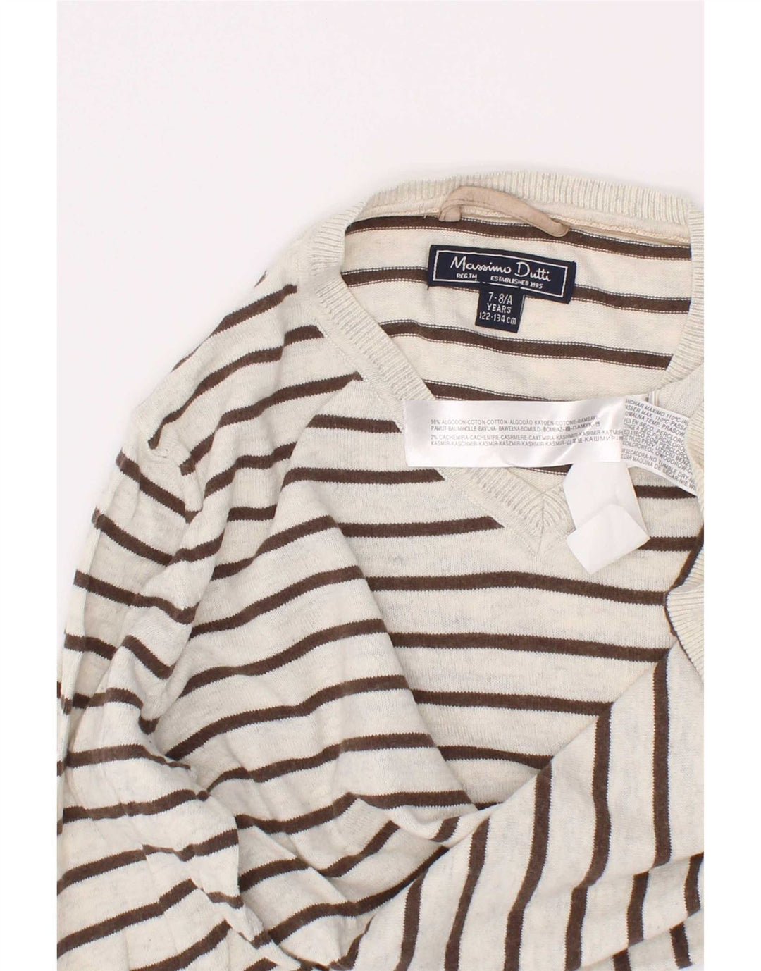 Massimo Dutti Boys V-Neck Jumper Sweater 7-8 Years White Striped Cotton