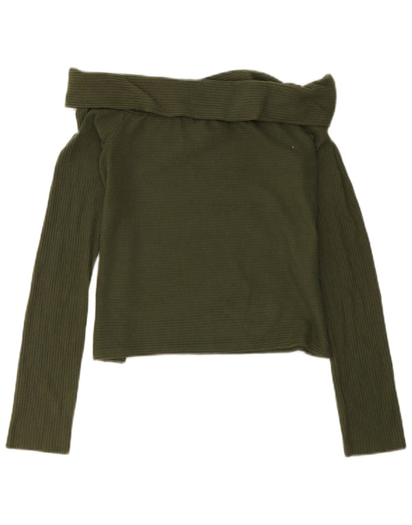 Zara Womens Trafaluc Crop Long Sleeve Off Shoulder Top UK 8 Small Khaki