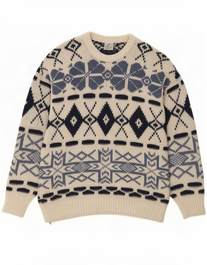 Shetland Mens Crew Neck Jumper Sweater Large Off White Fair Isle