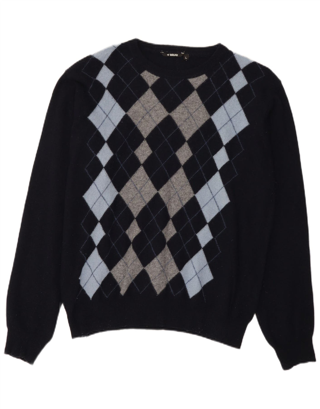 Brugi Mens Crew Neck Jumper Sweater Large Navy Blue Argyle/Diamond Wool