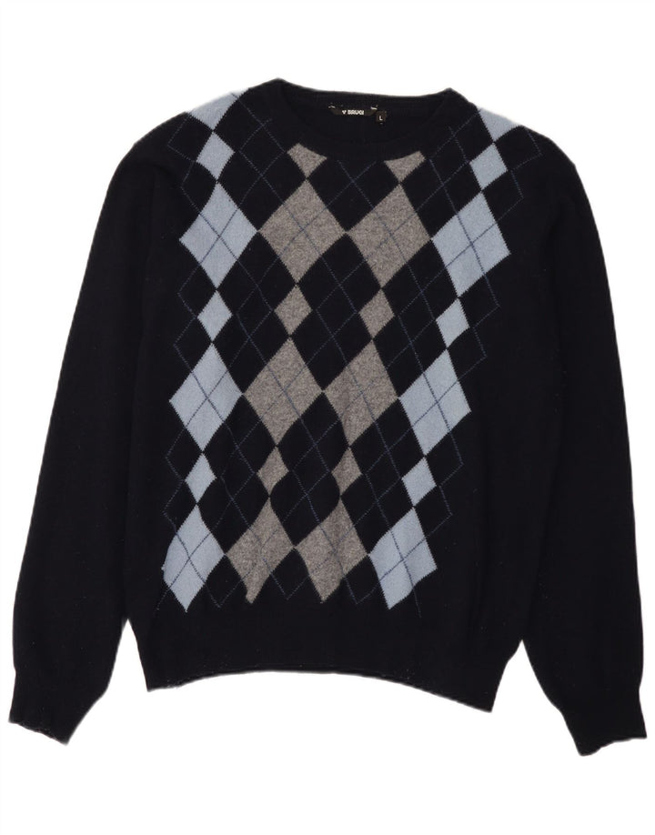 Brugi Mens Crew Neck Jumper Sweater Large Navy Blue Argyle/Diamond Wool