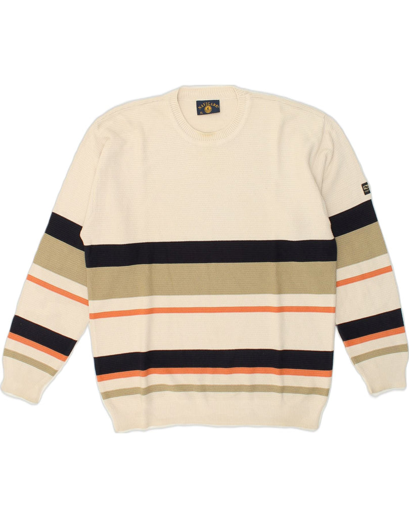 NAVIGARE Mens Crew Neck Jumper Sweater XL Beige Colourblock Cotton | Vintage Navigare | Thrift | Second-Hand Navigare | Used Clothing | Messina Hembry 