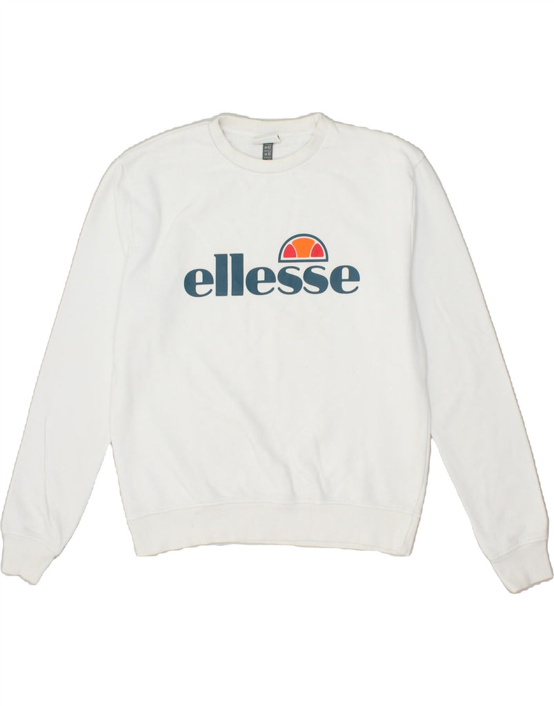ELLESSE Womens Graphic Sweatshirt Jumper UK 14 Large  White Cotton | Vintage Ellesse | Thrift | Second-Hand Ellesse | Used Clothing | Messina Hembry 