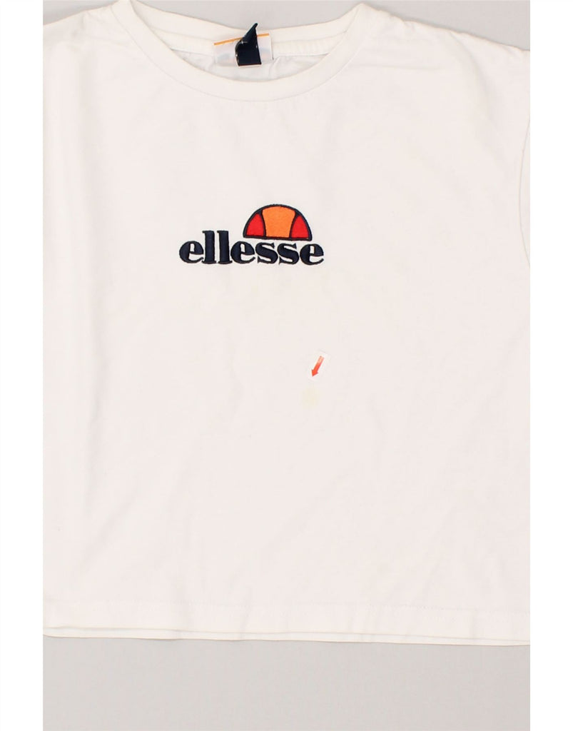 ELLESSE Womens Crop Graphic T-Shirt Top UK 10 Small White Cotton | Vintage Ellesse | Thrift | Second-Hand Ellesse | Used Clothing | Messina Hembry 