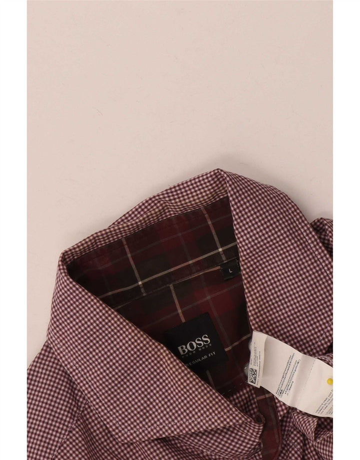 Hugo Boss Mens Regular Fit Shirt Large Burgundy Gingham Cotton