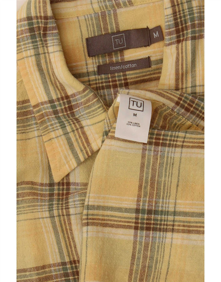 Vintage Mens Short Sleeve Shirt Medium Yellow Check Linen