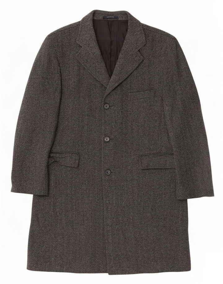 Vintage Mens Overcoat IT 54 2XL Grey Herringbone Virgin Wool
