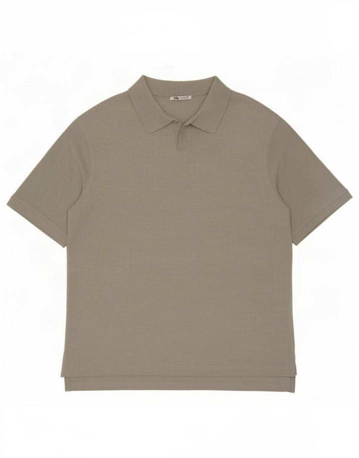 Zara Mens Polo Shirt Large Grey Pinstripe Cotton
