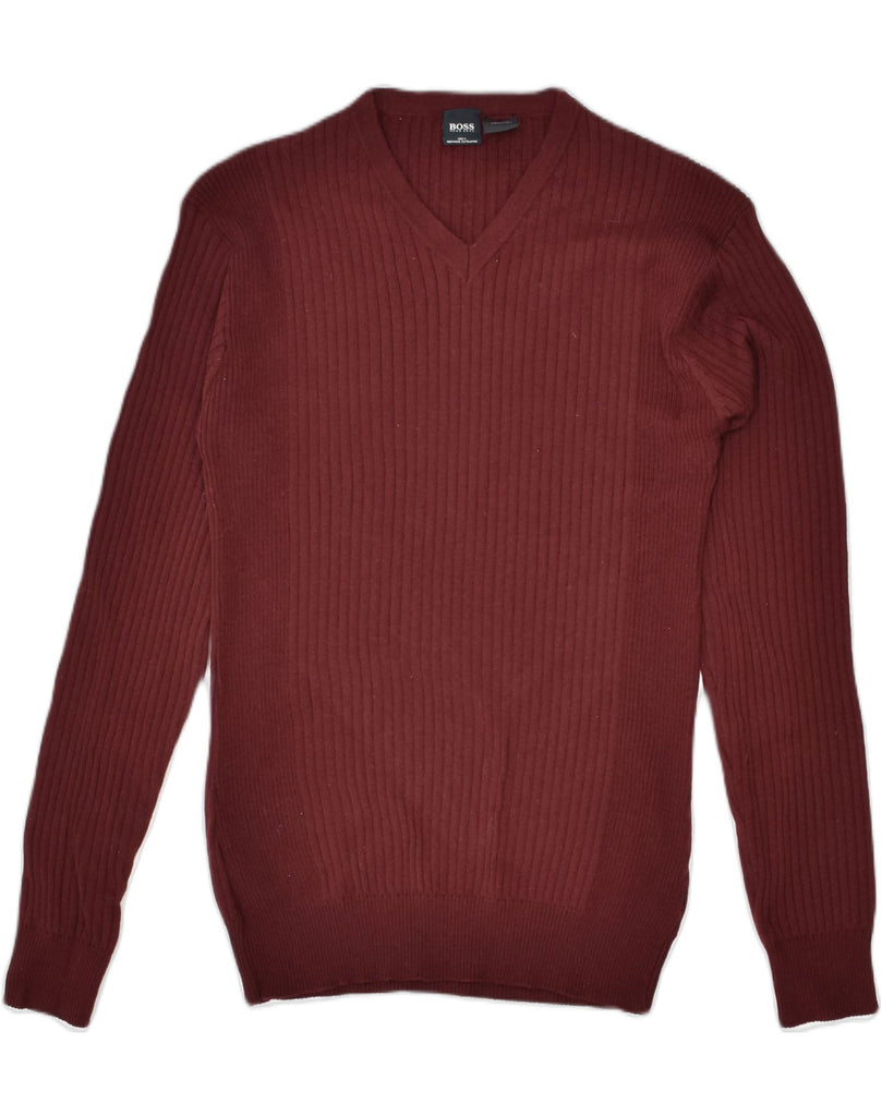 VINTAGE Mens Slim Fit V-Neck Jumper Sweater EU 52 Large Burgundy | Vintage | Thrift | Second-Hand | Used Clothing | Messina Hembry 