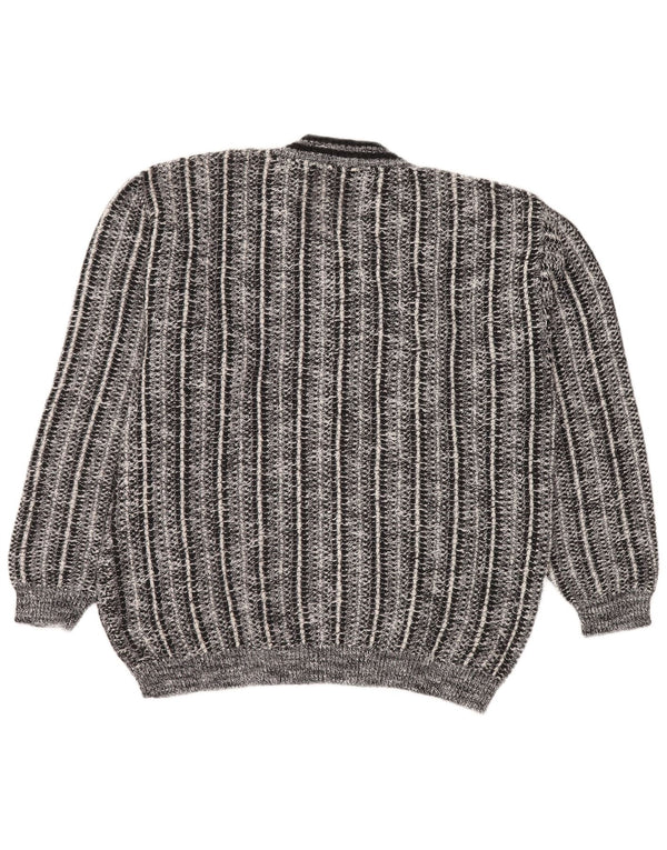 RODES Mens V-Neck Jumper Sweater Large Grey Striped Acrylic