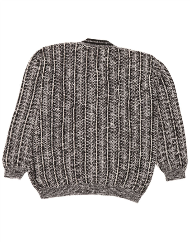 RODES Mens V-Neck Jumper Sweater Large Grey Striped Acrylic
