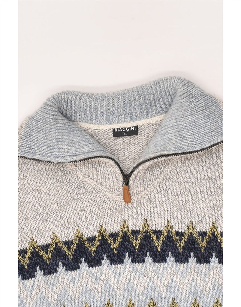 BIAGGINI Mens Zip Neck Jumper Sweater XL Blue Fair Isle Acrylic | Vintage Biaggini | Thrift | Second-Hand Biaggini | Used Clothing | Messina Hembry 