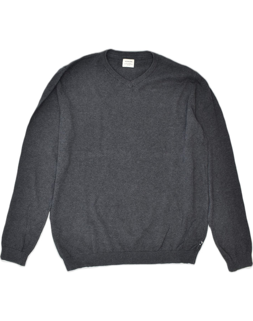 JACK & JONES Mens V-Neck Jumper Sweater XL Grey Cotton | Vintage | Thrift | Second-Hand | Used Clothing | Messina Hembry 