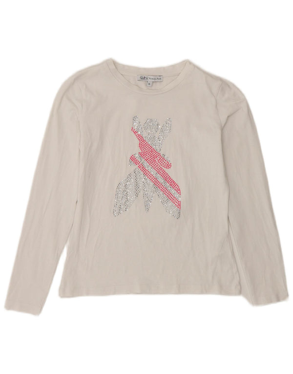 PATRIZIA PEPE Girls Graphic Top Long Sleeve 7-8 Years XL White Cotton