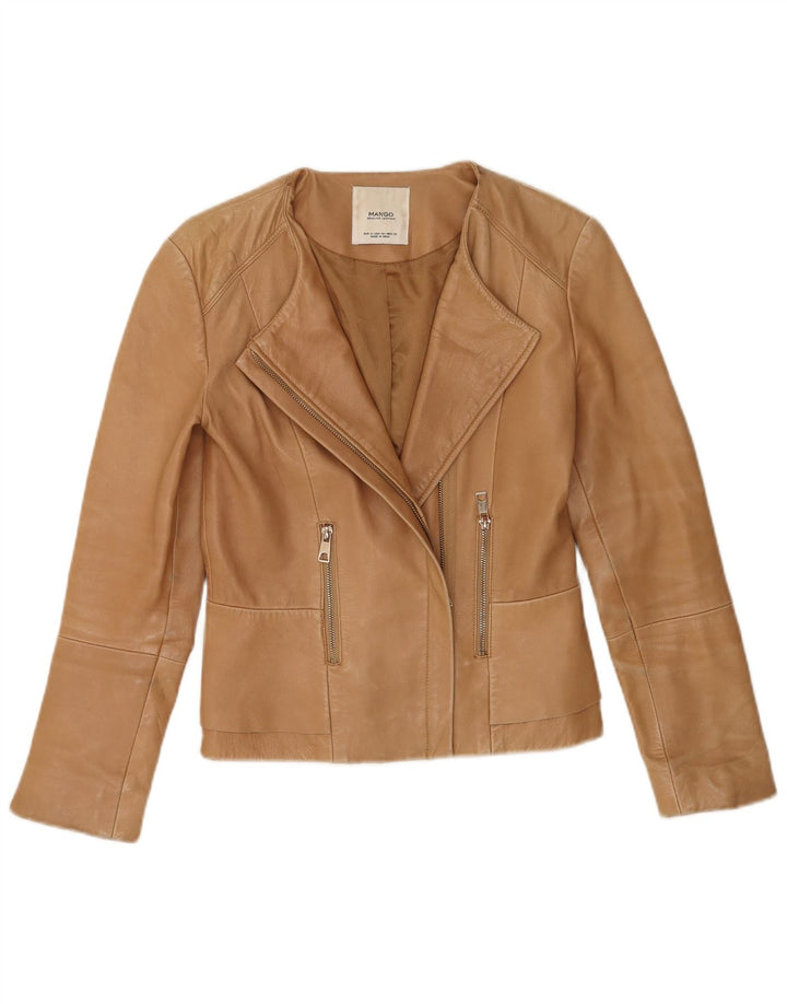 Mango Womens Leather Jacket UK 10 Small Brown Leather