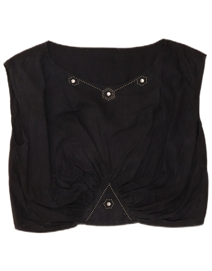 Vintage Womens Crop Blouse Top UK 14 Medium Black