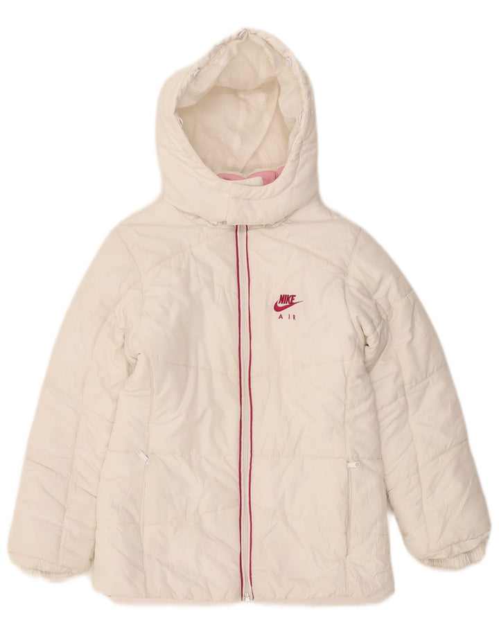 NIKE Girls Hooded Padded Jacket 8-9 Years Small White Polyester