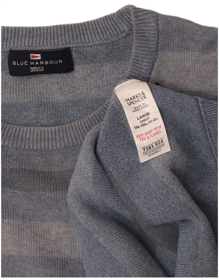 Marks & Spencer Mens Crew Neck Jumper Sweater Large Blue Striped Cotton