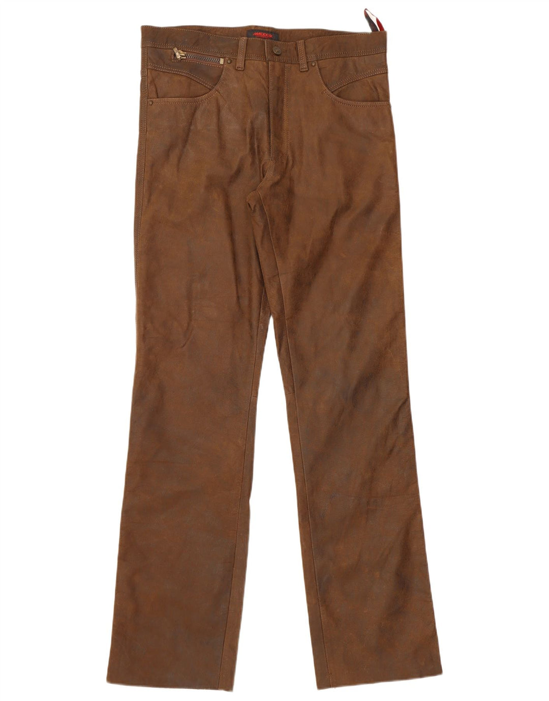 Maddox Mens Straight Leather Trousers W34 L34 Brown