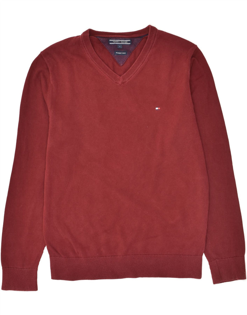 TOMMY HILFIGER Mens V-Neck Jumper Sweater Small Maroon Cotton | Vintage Tommy Hilfiger | Thrift | Second-Hand Tommy Hilfiger | Used Clothing | Messina Hembry 