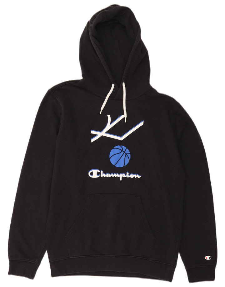 Champion Mens Graphic Hoodie Jumper Small Black Cotton