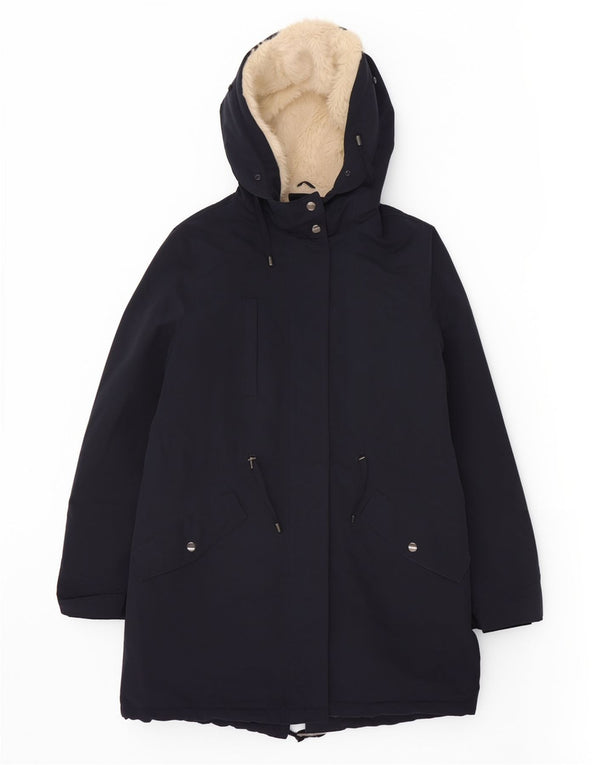 Marks & Spencer Womens Hooded Sherpa Parka Jacket UK 12 Medium Navy Blue