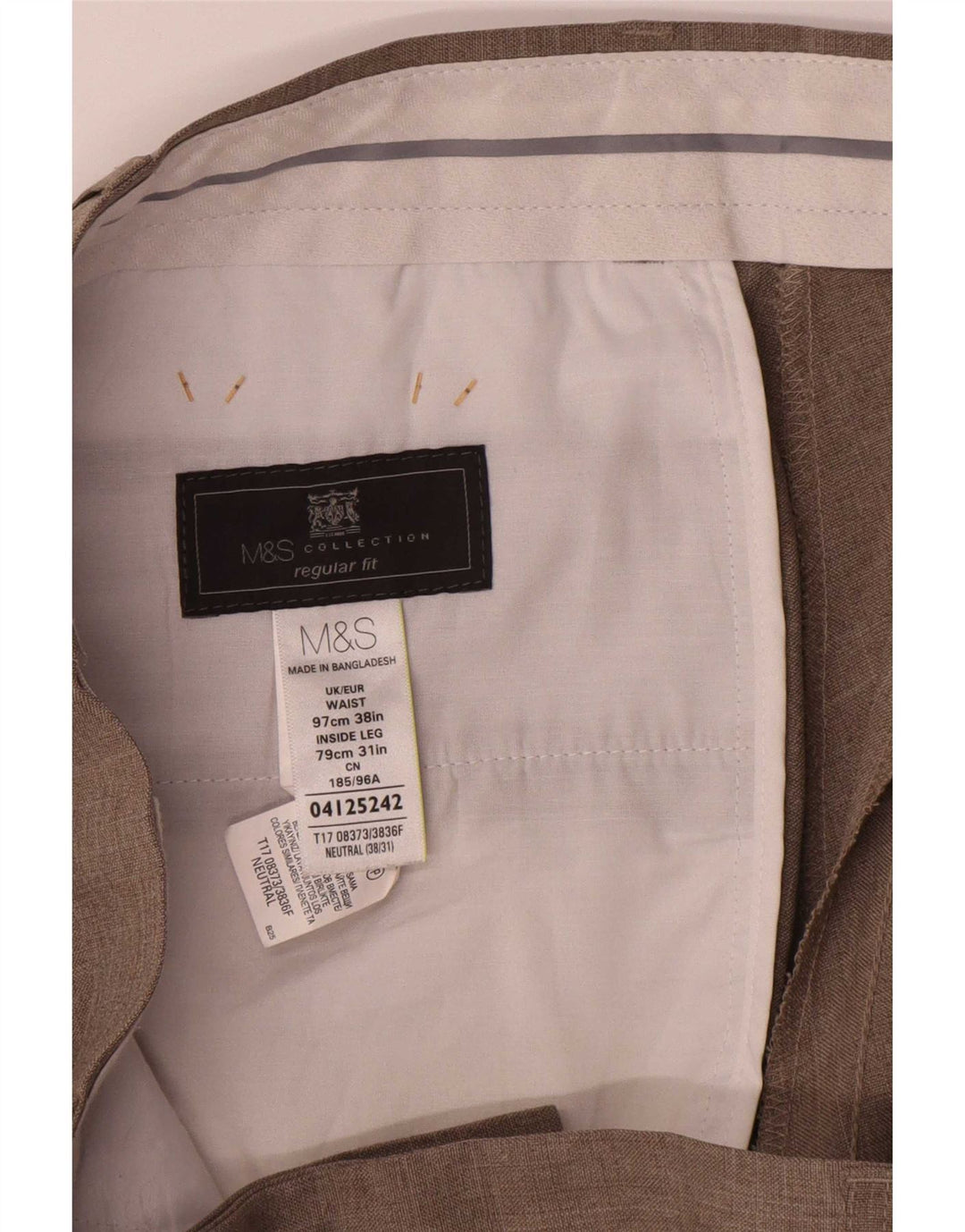 Marks & Spencer Mens Regular Fit Suit Trousers W38 L31 Beige Polyester