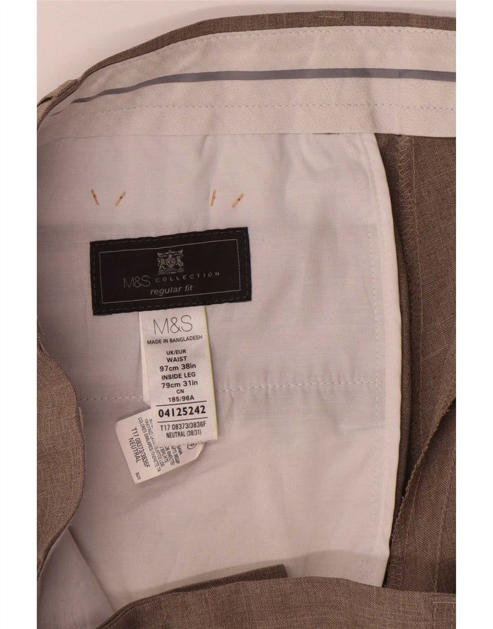 Marks & Spencer Mens Regular Fit Suit Trousers W38 L31 Beige Polyester