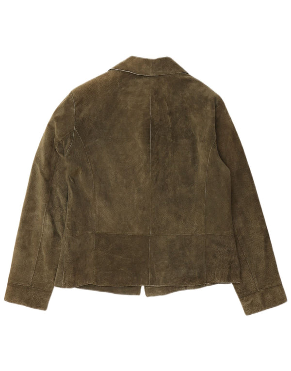 Chico's Womens Oversized 3 Button Suede Blazer Jacket US 0 XS Khaki Leather