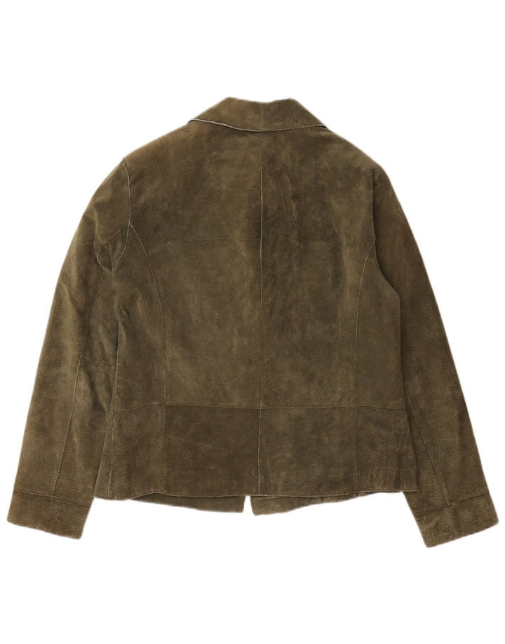 Chico's Womens Oversized 3 Button Suede Blazer Jacket US 0 XS Khaki Leather