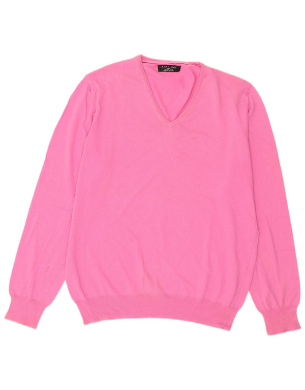 Zara Mens V-Neck Jumper Sweater Large Pink